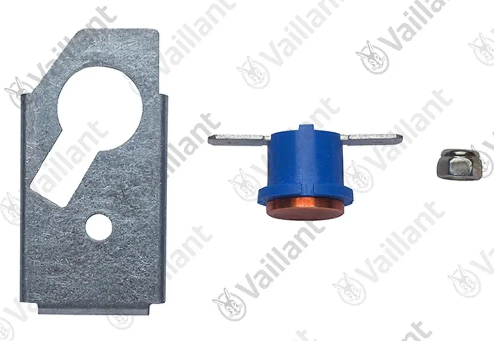 Vaillant NTC-Fühler mit metallischem Gehäuse, blauer Kunststoffkomponente und einer festen Verbindung. Teile auf hellem Hintergrund, geeignet für Heizsysteme.